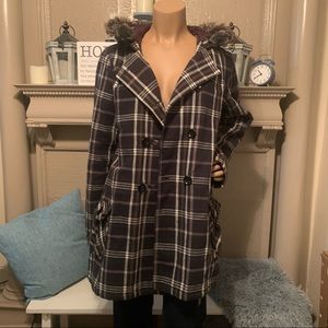 Plaid Pea Coat with Purple Interior and Fur Trim Hood